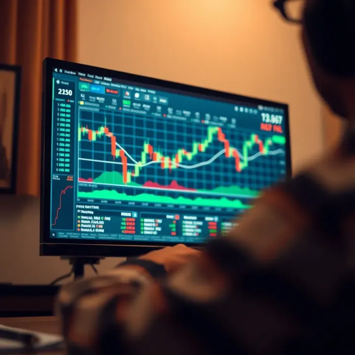 Close-up of computer screen showing trading platform with charts and analytics