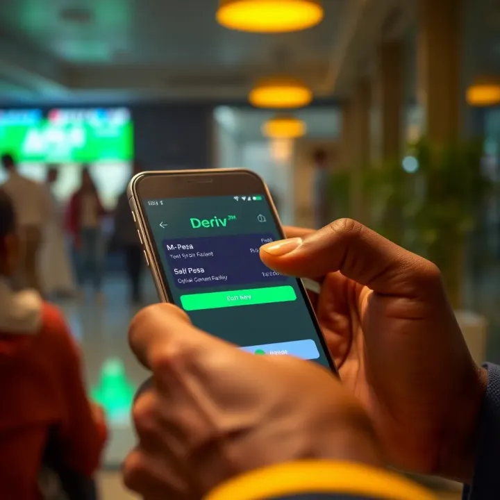 Illustration of M-Pesa mobile payment interface integrated with Deriv.com account funding