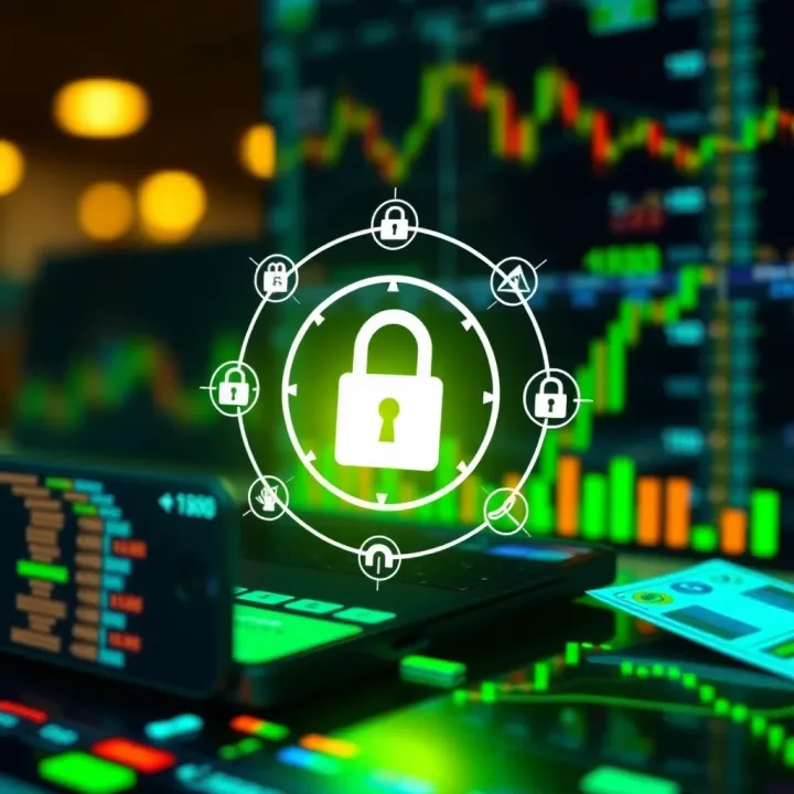 Digital representation of secure online trading with mobile money and encryption symbols