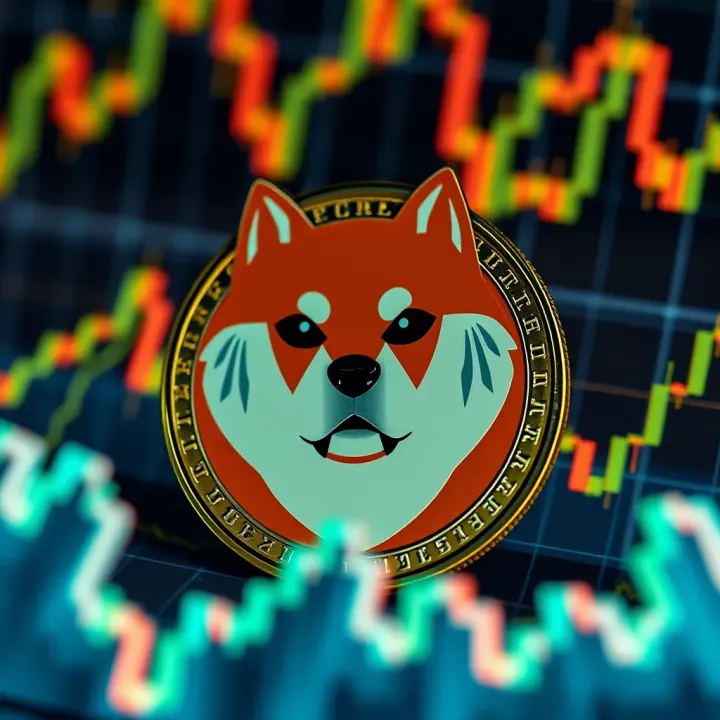 Illustration of Shiba Inu coin symbol surrounded by market trend lines and graphs