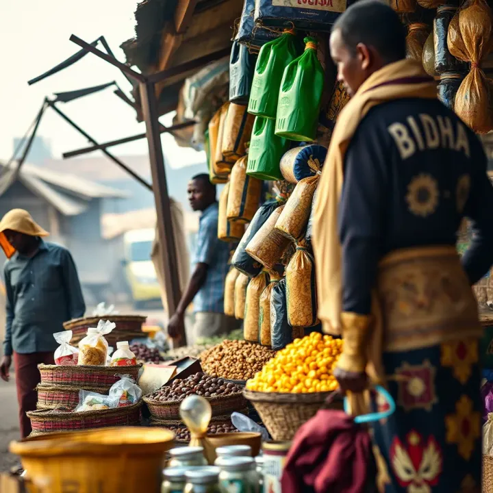 Local marketplace showcasing trade activities with traders and various commodities