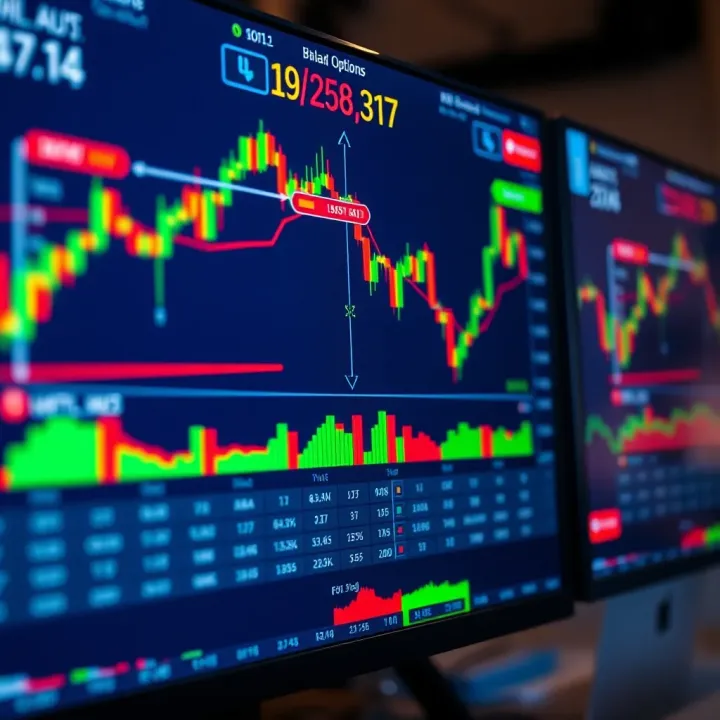 Digital interface displaying binary options trading charts and market trends