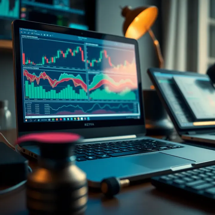 Close-up of a laptop screen with financial charts and a trader's workspace