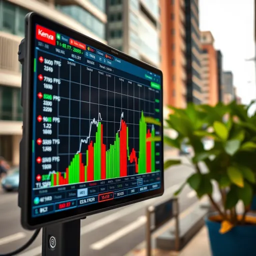 Graph showing upward trend on a digital trading platform in an urban setting