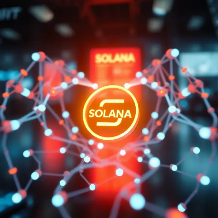 Abstract digital network representing Solana blockchain technology with connected nodes and data flow