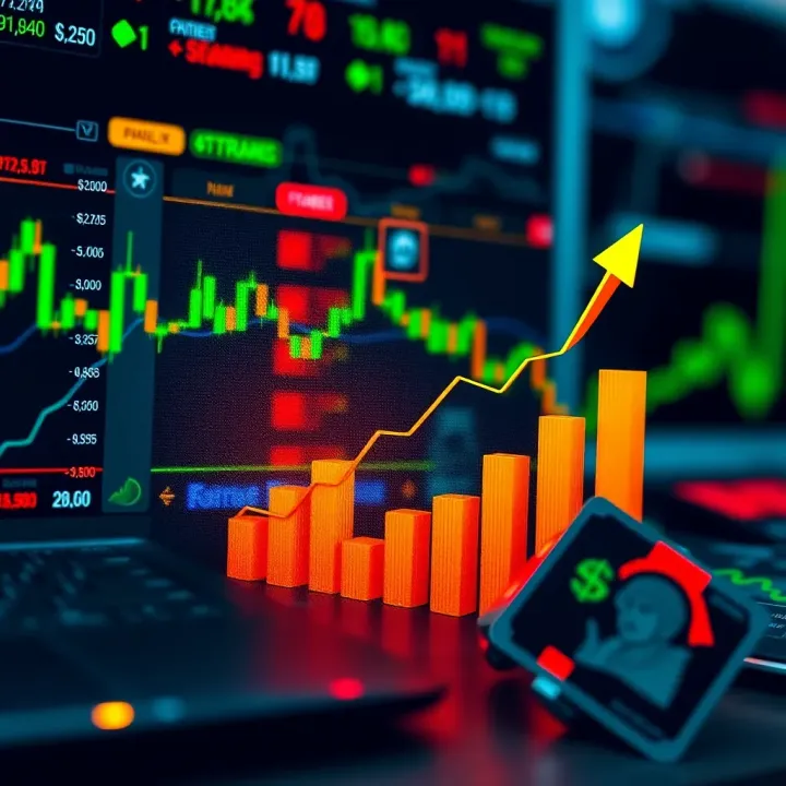 Graph showing upward trend in forex trading profits with digital devices and currency symbols