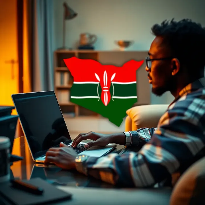 Person engaging with an online survey on a laptop with Kenya map overlay