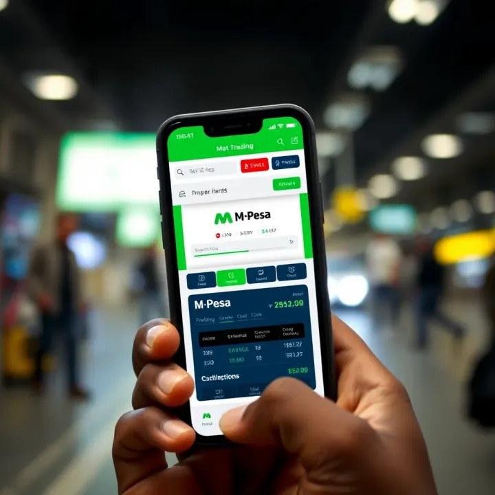 Mobile phone displaying a trading app interface with M-Pesa integration for seamless payments in Kenya