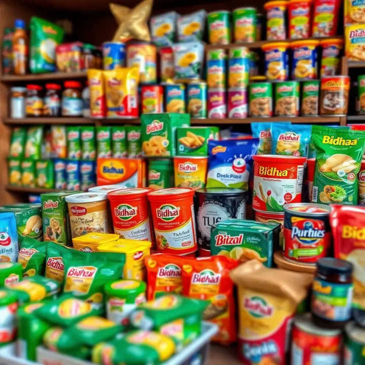 Colorful assortment of packaged goods displayed on shelves in a Kenyan market