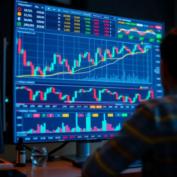 A digital interface showing various financial charts and binary options trading indicators