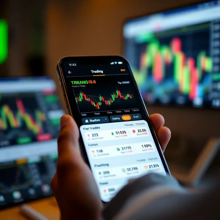Binary Trading App Interface Overview Mobile phone displaying a binary trading app interface with charts and trading options