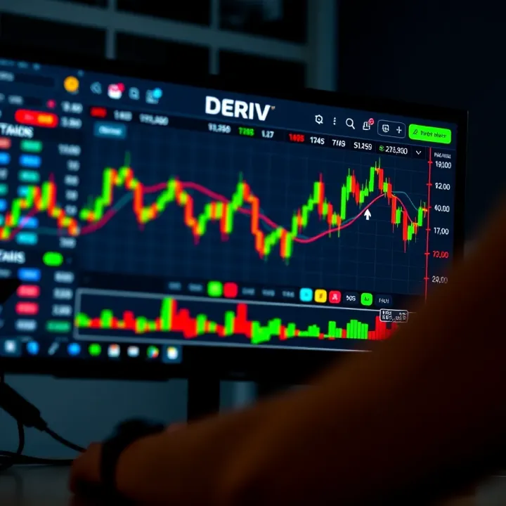 Deriv Platform Interface for Binary Trading Deriv trading platform interface showing binary options with market charts and trade options for Kenyan users