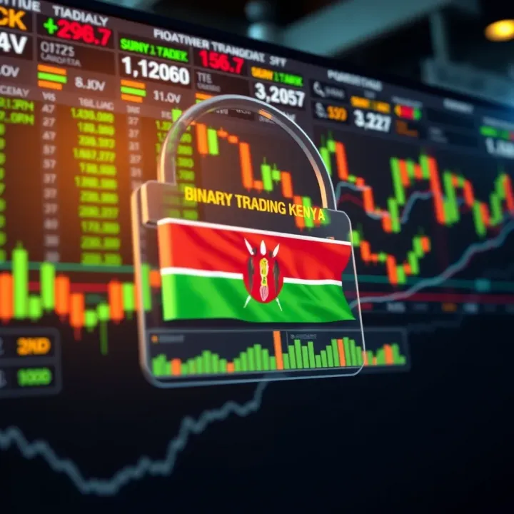 Safe and Regulated Binary Trading Platform in Kenya Illustration of a secure online trading platform interface with charts and Kenyan flag elements