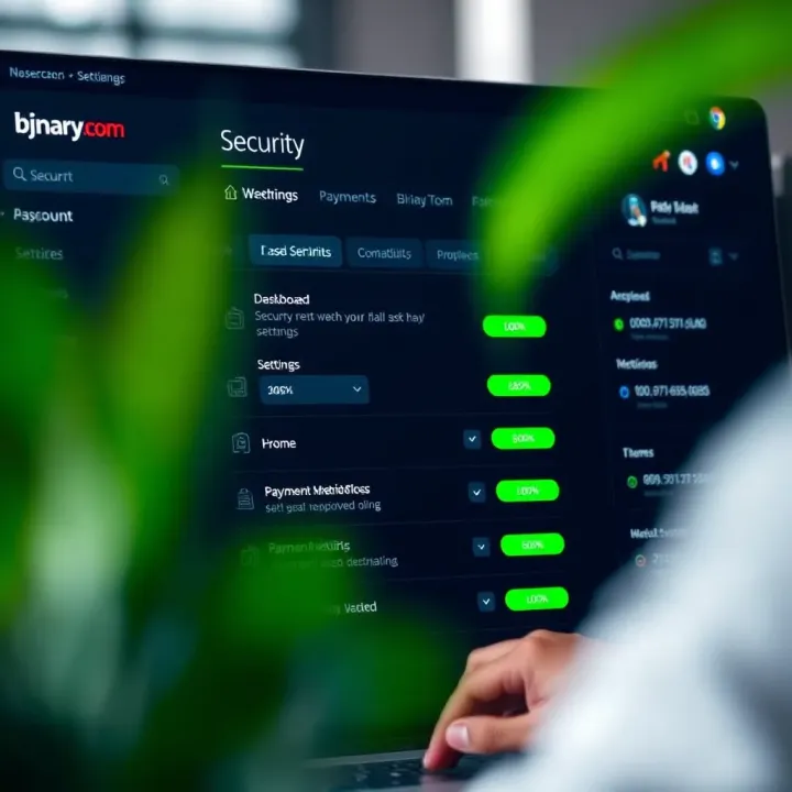 Binary.com account dashboard displaying security settings and payment method options