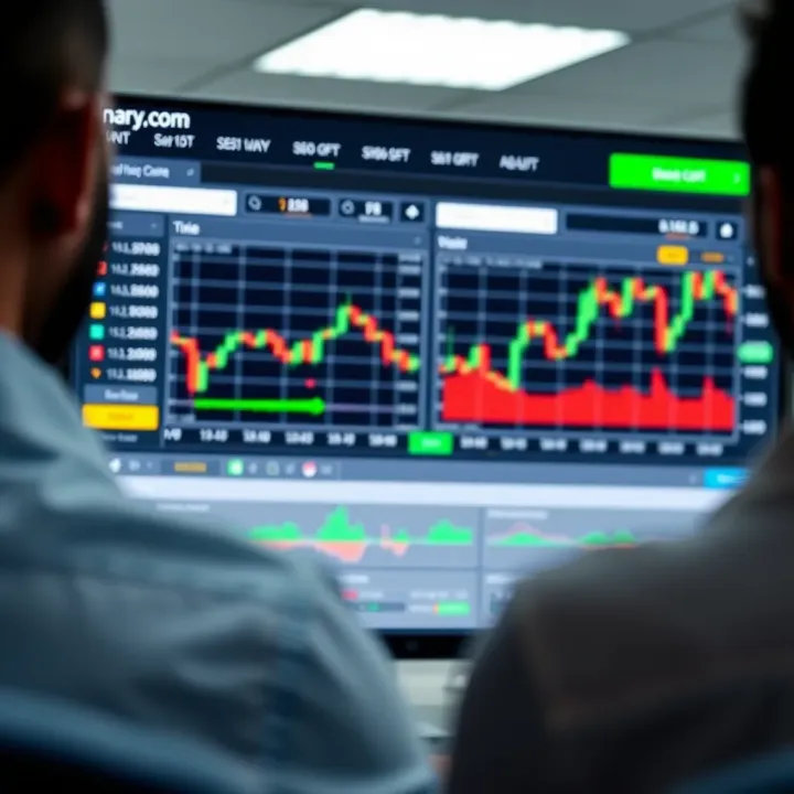 Interface of Binary.com trading platform showing various trading options and live charts