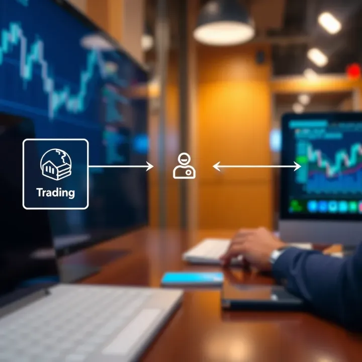 Diagram illustrating the flow of copy trading where one investor replicates trades from an expert trader through an online platform