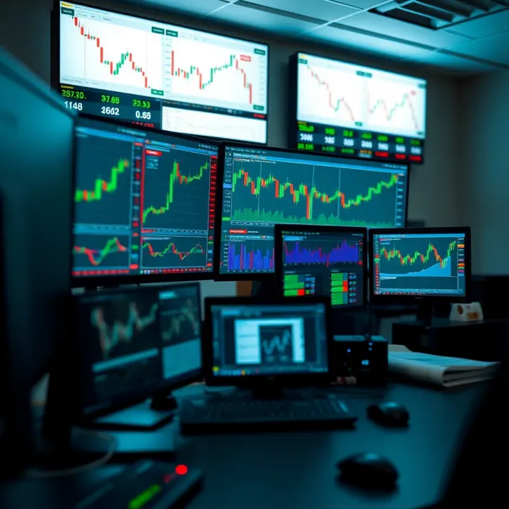 Trading workstation with multiple screens showing financial graphs and risk management tools