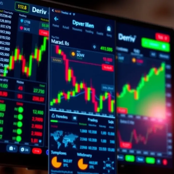 User interface of Deriv trading app showing various financial instruments and trading charts