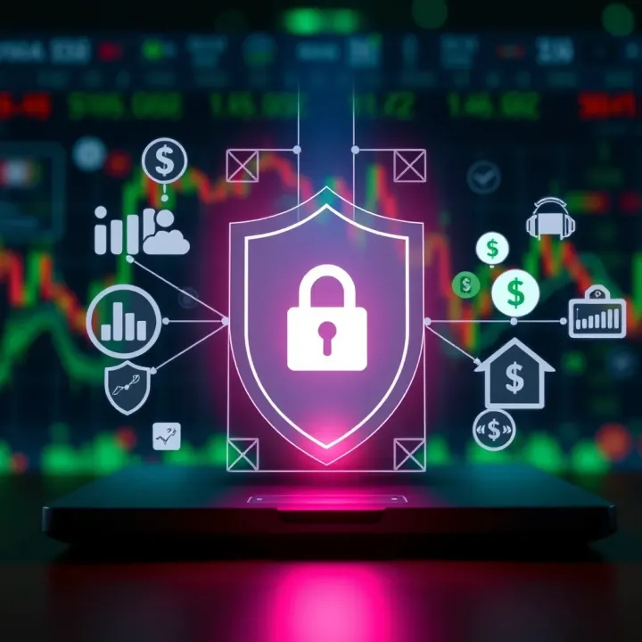 Secure online trading concept showing digital shield and financial icons symbolizing safety and support