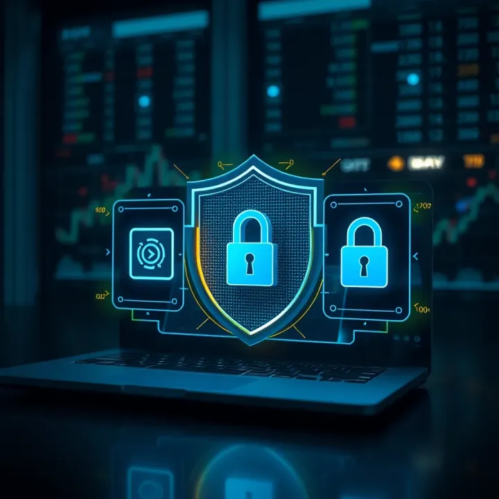 Illustration of secure online trading with shields and digital locks representing platform security
