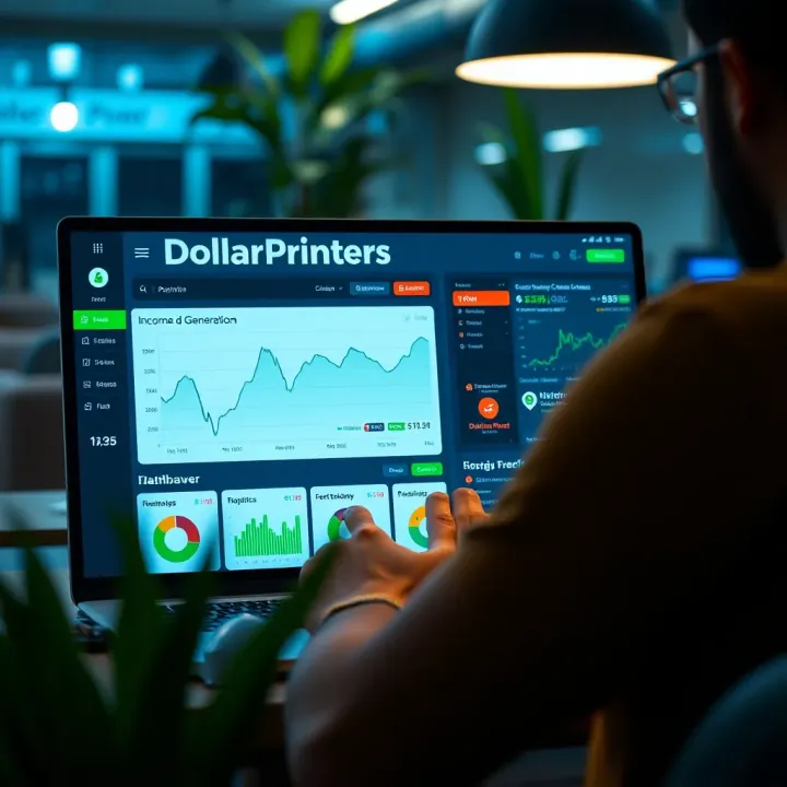 Dashboard interface of DollarPrinter.com showing income generation tools and analytics