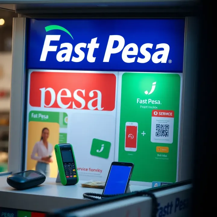 A mobile money service point displaying fast pesa branding with cash and mobile devices