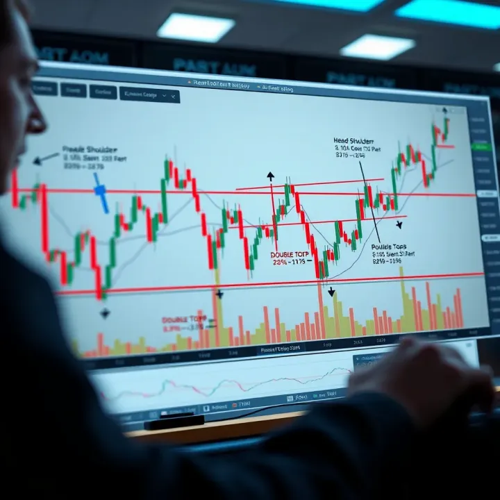 Illustration of various forex chart patterns including head and shoulders and double tops, highlighting key price movements