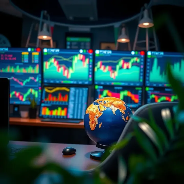 Conceptual illustration of a virtual trading environment with financial charts and a globe