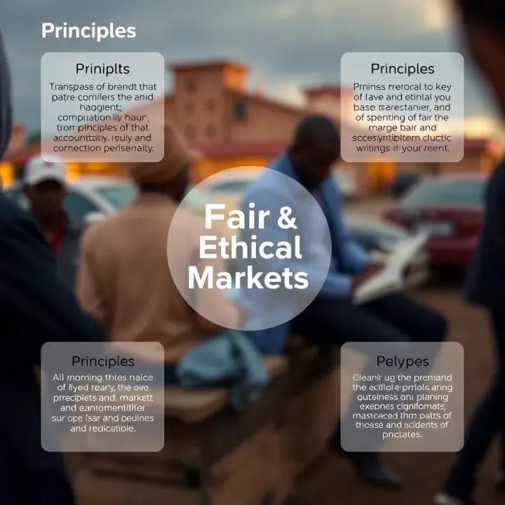 Diagram illustrating key principles of fair and ethical markets including transparency, equity, and accountability