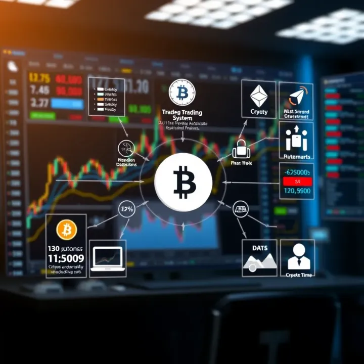 Diagram illustrating automated trading bot connected to cryptocurrency market charts and data flows
