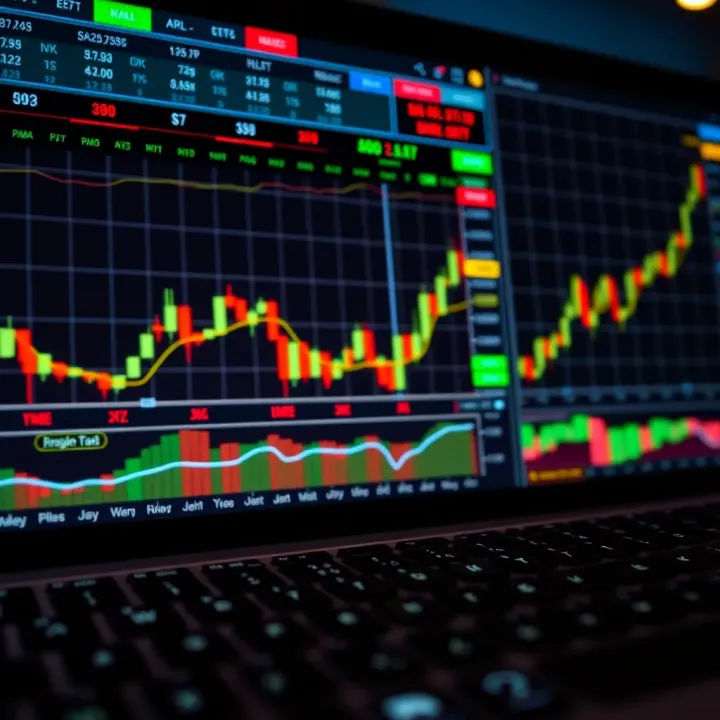 Digital trading platform displaying various financial charts and graphs with data points and candlestick patterns
