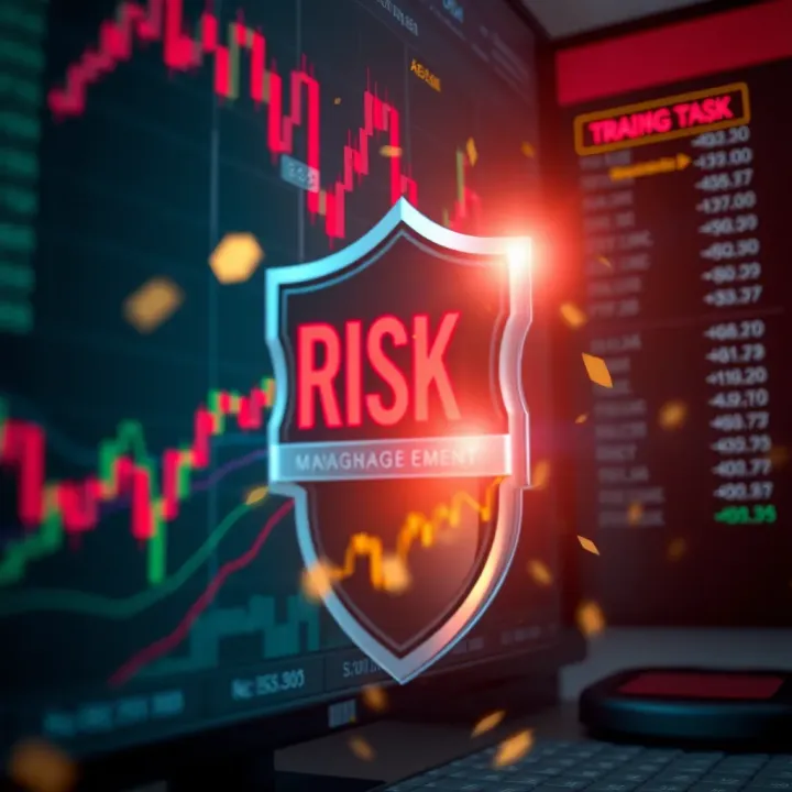 Conceptual illustration of risk management in fast-paced trading with shield and financial symbols