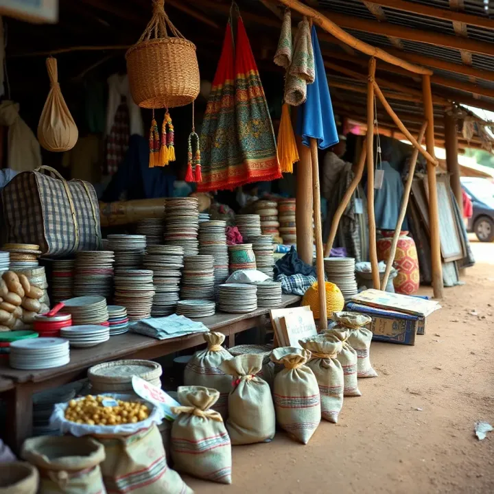 A community marketplace with various local goods displayed for trade using Sarafu currency