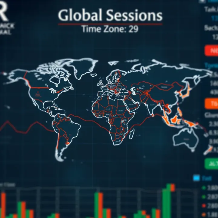 World map highlighting major global trading session time zones