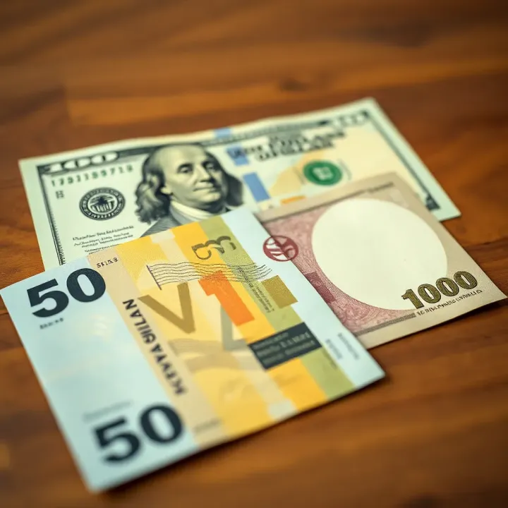 Close-up of Kenyan Shilling banknotes next to US Dollar bills on a wooden surface