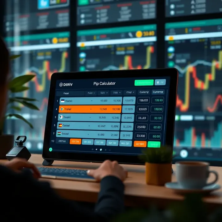 Screenshot of Deriv platform pip calculator interface displaying currency selection and pip value calculation
